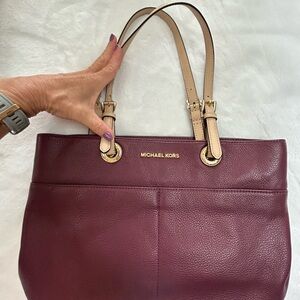 Michael Kors Wine Pebbled Leather Tote with Beige Straps